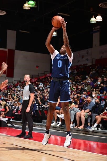 Romeo Weems of the Memphis Grizzlies shoots a 3-pointer against the Sacramento Kings during the 2021 Las Vegas Summer League on August 13, 2021 at...