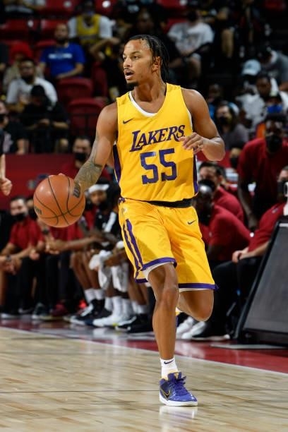 Justin Robinson of the Los Angeles Lakers dribbles the ball during the game against the LA Clippers during the 2021 Las Vegas Summer League on August...