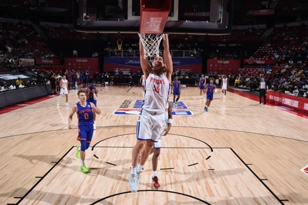 Luka Garza of Detroit Pistons dunks the ball during the game against the New York Knicks during the 2021 Las Vegas Summer League on August 13, 2021...