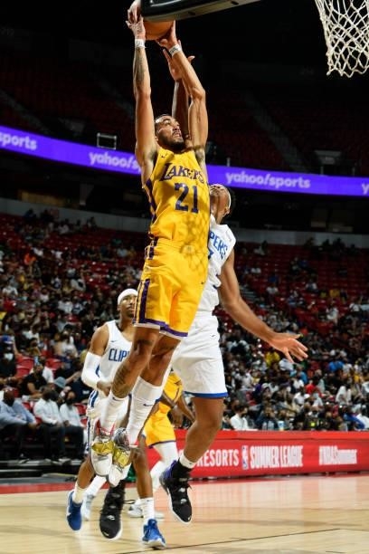 Trevelin Queen of the Los Angeles Lakers drives to the basket during the game against the LA Clippers during the 2021 Las Vegas Summer League on...