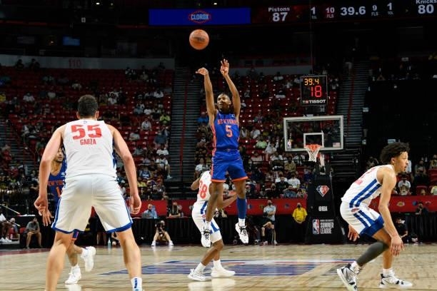 Immanuel Quickley of the New York Knicks shoots a three point basket during the game against the Detroit Pistons during the 2021 Las Vegas Summer...
