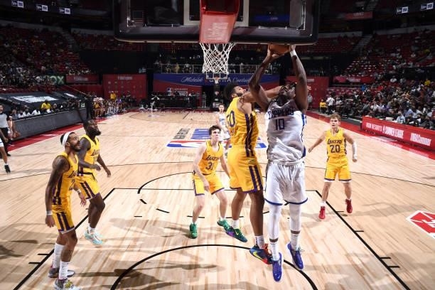 Daniel Oturu of the LA Clippers shoots the ball during the game against the Los Angeles Lakers during the 2021 Las Vegas Summer League on August 13,...