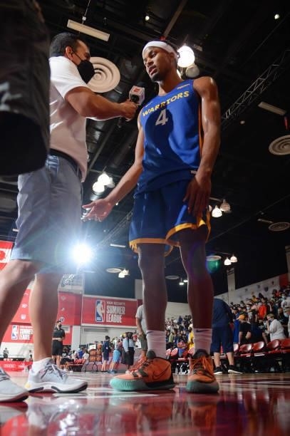 Moses Moody of the Golden State Warriors talks to the media after the game against the Oklahoma City Thunder during the 2021 Las Vegas Summer League...