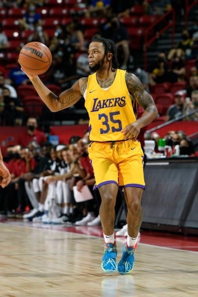 Zavier Simpson of the Los Angeles Lakers handles the ball during the game against the LA Clippers during the 2021 Las Vegas Summer League on August...