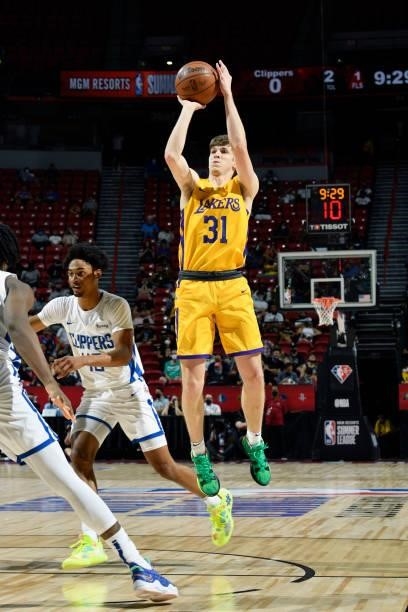 Austin Reaves of the Los Angeles Lakers shoots the ball during the game against the LA Clippers during the 2021 Las Vegas Summer League on August 13,...