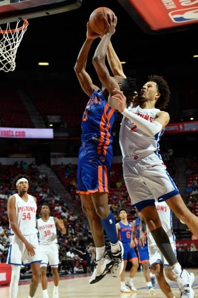 Cade Cunningham of the Detroit Pistons blocks the ball during the game against the New York Knicks during the 2021 Las Vegas Summer League on August...