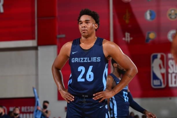 Ben Moore of Memphis Grizzlies looks on during the game against the Sacramento Kings during the 2021 Las Vegas Summer League on August 13, 2021 at...