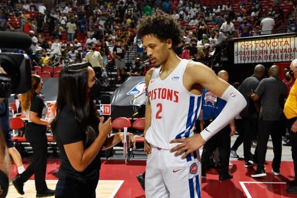 Cade Cunningham of the Detroit Pistons is interviewed after the game against the New York Knicks during the 2021 Las Vegas Summer League on August...