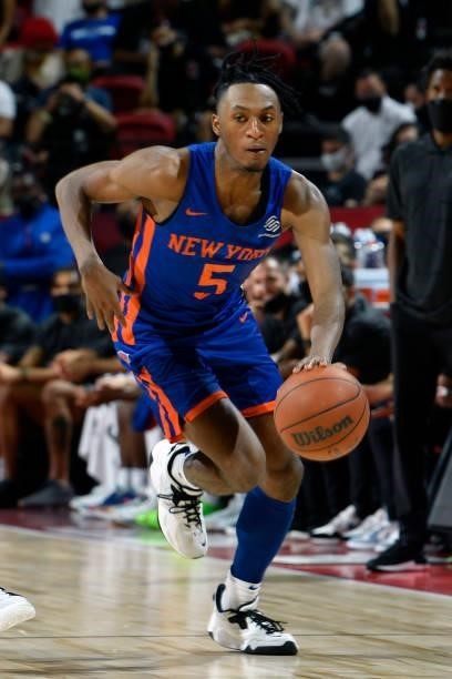 Immanuel Quickley of the New York Knicks dribbles the ball during the game against the Detroit Pistons during the 2021 Las Vegas Summer League on...