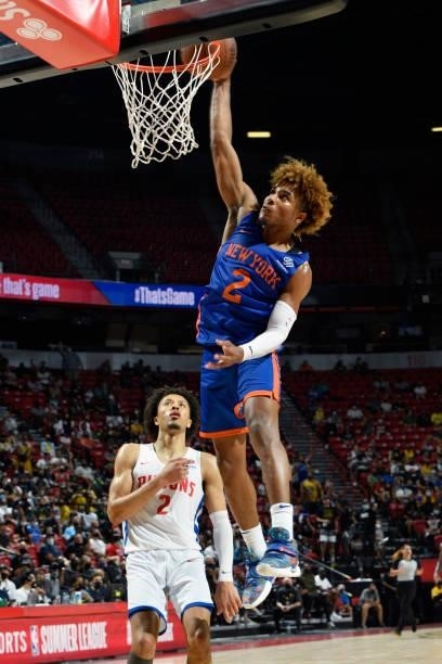 Miles McBride of the New York Knicks dunks the ball during the game against the Detroit Pistons during the 2021 Las Vegas Summer League on August 13,...