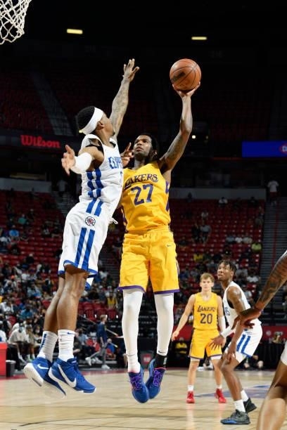 Vic Law of the Los Angeles Lakers shoots the ball during the game against the LA Clippers during the 2021 Las Vegas Summer League on August 13, 2021...