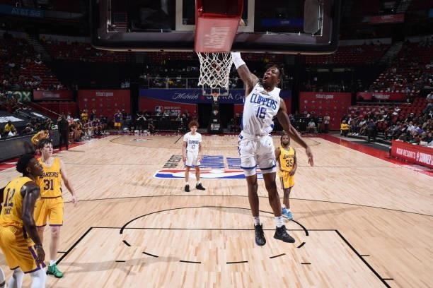 Kerwin Roach of the LA Clippers dunks the ball during the game against the Los Angeles Lakers during the 2021 Las Vegas Summer League on August 13,...