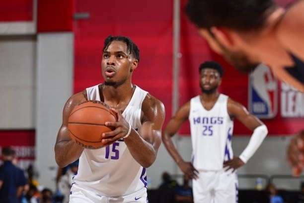 Davion Mitchell of the Sacramento Kings shoots the ball against the Memphis Grizzlies during the 2021 Las Vegas Summer League on August 13, 2021 at...