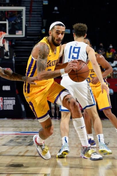 Trevelin Queen of the Los Angeles Lakers dribbles the ball during the game against the LA Clippers during the 2021 Las Vegas Summer League on August...