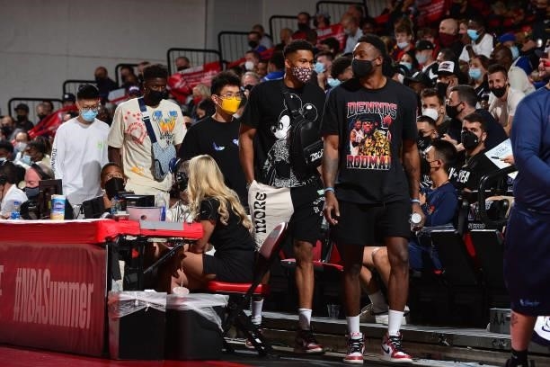 Players, Kostas, Giannis, and Thanasis Antetokounmpo attend a game during the 2021 Las Vegas Summer League on August 13, 2021 at the Cox Pavilion in...
