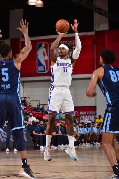 Ade Murkey of the Sacramento Kings shoots the ball against the Memphis Grizzlies during the 2021 Las Vegas Summer League on August 13, 2021 at the...