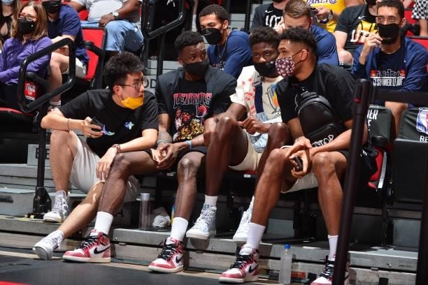 Players, Thanasis Kostas, and Giannis Antetokounmpo attend a game during the 2021 Las Vegas Summer League on August 13, 2021 at the Cox Pavilion in...