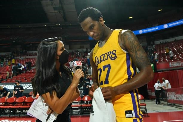 Vic Law of the Los Angeles Lakers is interviewed after the game against the LA Clippers during the 2021 Las Vegas Summer League on August 13, 2021 at...