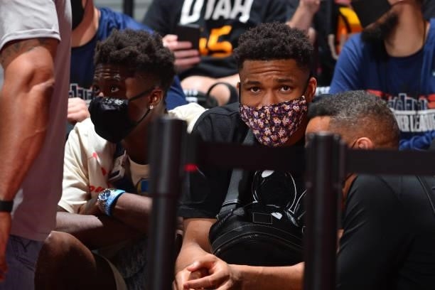 Player, Giannis Antetokounmpo attends a game during the 2021 Las Vegas Summer League on August 13, 2021 at the Cox Pavilion in Las Vegas, Nevada....