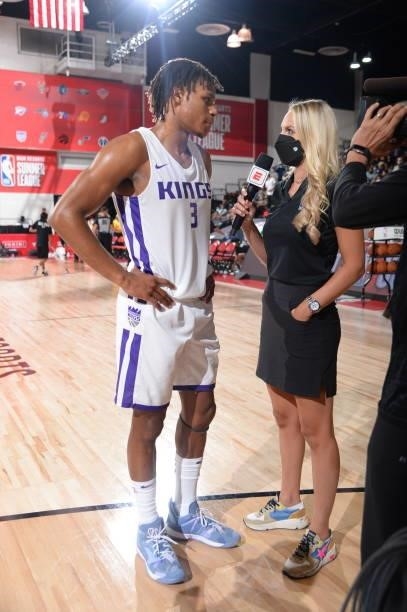 Jahmius Ramsey of the Sacramento Kings is interviewed after the game against the Memphis Grizzlies during the 2021 Las Vegas Summer League on August...