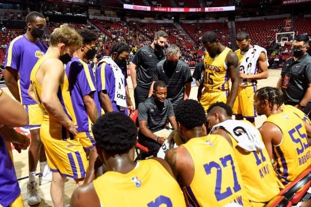 Quinton Crawford of Los Angeles Lakers huddles with the team during the game against the LA Clippers during the 2021 Las Vegas Summer League on...