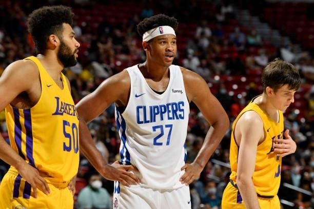 Isaiah Hicks of the LA Clippers looks on during the game against the Los Angeles Lakers during the 2021 Las Vegas Summer League on August 13, 2021 at...