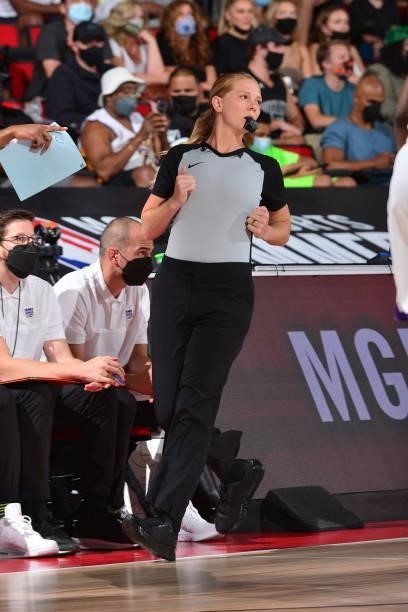 Referee, Jenna Reneau hustles down the court during the game between the Sacramento Kings and the Memphis Grizzlies during the 2021 Las Vegas Summer...