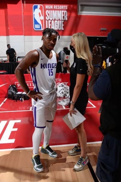 Davion Mitchell of the Sacramento Kings is interviewed during the game against the Memphis Grizzlies during the 2021 Las Vegas Summer League on...