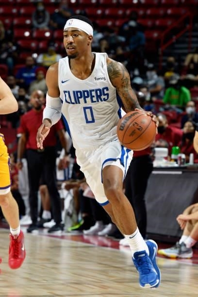 Jay Scrubb of the LA Clippers dribbles the ball during the game against the Los Angeles Lakers during the 2021 Las Vegas Summer League on August 13,...