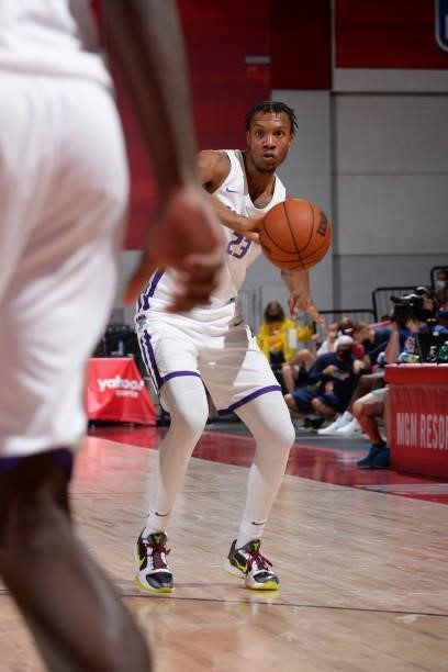 Louis King of the Sacramento Kings passes the ball against the Memphis Grizzlies during the 2021 Las Vegas Summer League on August 13, 2021 at the...