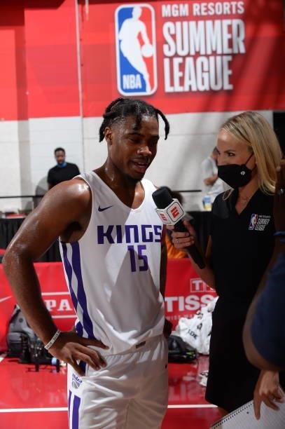 Davion Mitchell of the Sacramento Kings talks to a reporter during the game against the Memphis Grizzlies during the 2021 Las Vegas Summer League on...