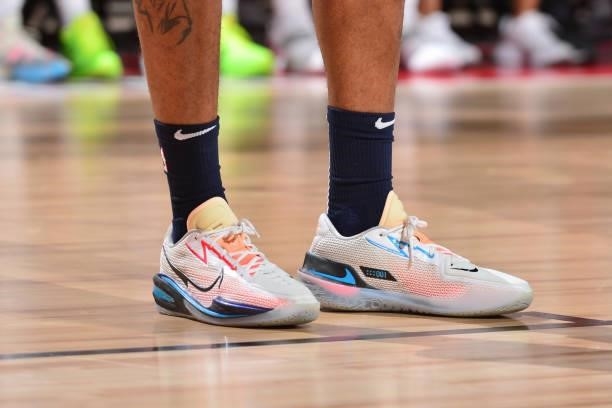 The sneakers worn by Ben Moore of Memphis Grizzlies during the game against the Sacramento Kings during the 2021 Las Vegas Summer League on August...