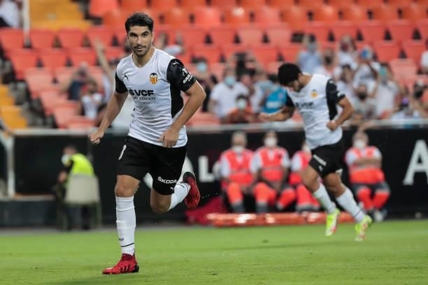 Carlos Soler of Valencia CF celebrate after scoring the 1-0 goal during La liga match between Valencia CF and Getafe CF at Mestalla Stadium on August...