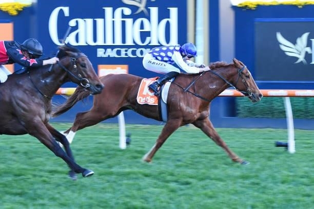 Pintoff ridden by Declan Bates wins the Evergreen Turf Regal Roller Stakes at Caulfield Racecourse on August 14, 2021 in Caulfield, Australia.