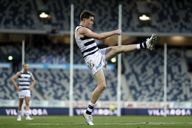 Jeremy Cameron of the Cats kicks a goal during the 2021 AFL Round 22 match between the Geelong Cats and the St Kilda Saints at GMHBA Stadium on...
