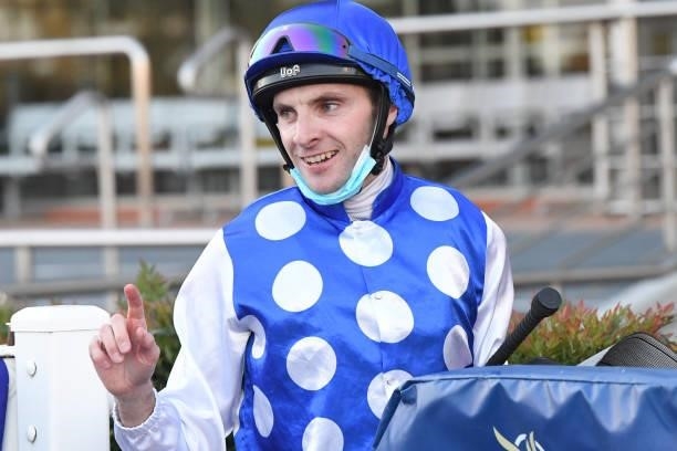 Declan Bates after Pintoff won the Evergreen Turf Regal Roller Stakes , at Caulfield Racecourse on August 14, 2021 in Caulfield, Australia.