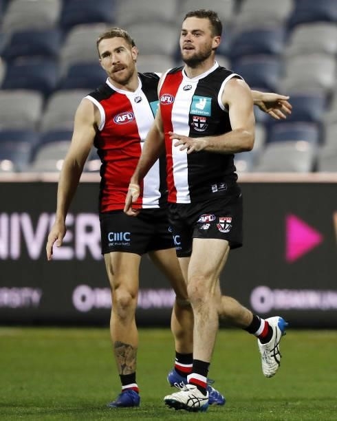 Brad Crouch of the Saints celebrates a goal with Dean Kent of the Saints during the 2021 AFL Round 22 match between the Geelong Cats and the St Kilda...