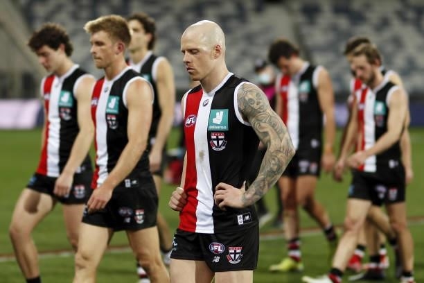 Zak Jones of the Saints reacts after a loss during the 2021 AFL Round 22 match between the Geelong Cats and the St Kilda Saints at GMHBA Stadium on...
