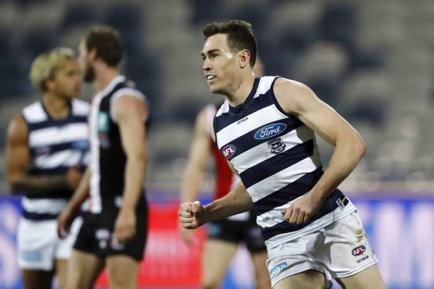 Jeremy Cameron of the Cats celebrates a goal during the 2021 AFL Round 22 match between the Geelong Cats and the St Kilda Saints at GMHBA Stadium on...