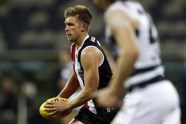 Sebastian Ross of the Saints in action during the 2021 AFL Round 22 match between the Geelong Cats and the St Kilda Saints at GMHBA Stadium on August...