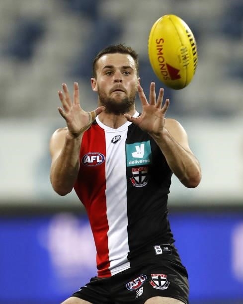 Brad Crouch of the Saints in action during the 2021 AFL Round 22 match between the Geelong Cats and the St Kilda Saints at GMHBA Stadium on August...