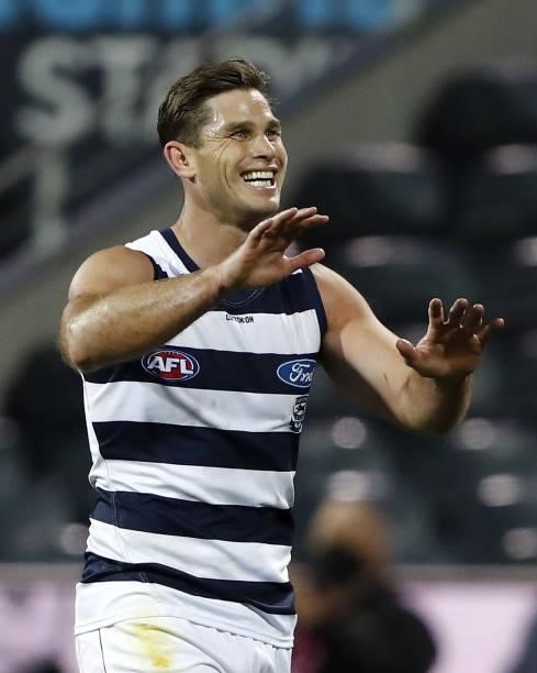 Tom Hawkins of the Cats celebrates a goal during the 2021 AFL Round 22 match between the Geelong Cats and the St Kilda Saints at GMHBA Stadium on...