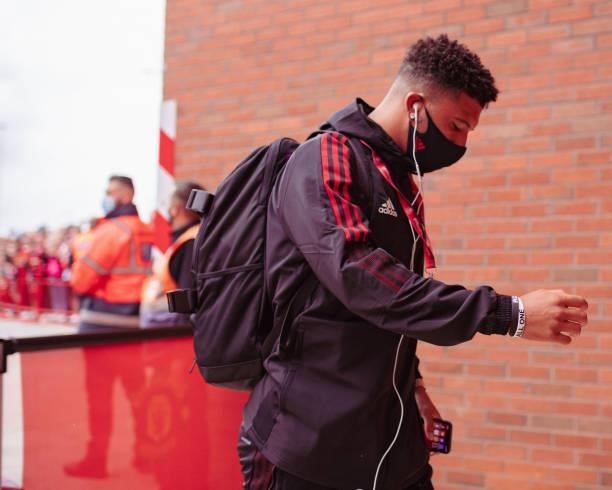 Jadon Sancho of Manchester United arrives prior to the Premier League match between Manchester United and Leeds United at Old Trafford on August 14,...