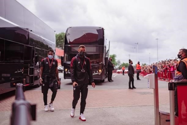 Bruno Fernandes of Manchester United and Fred arrive prior to the Premier League match between Manchester United and Leeds United at Old Trafford on...
