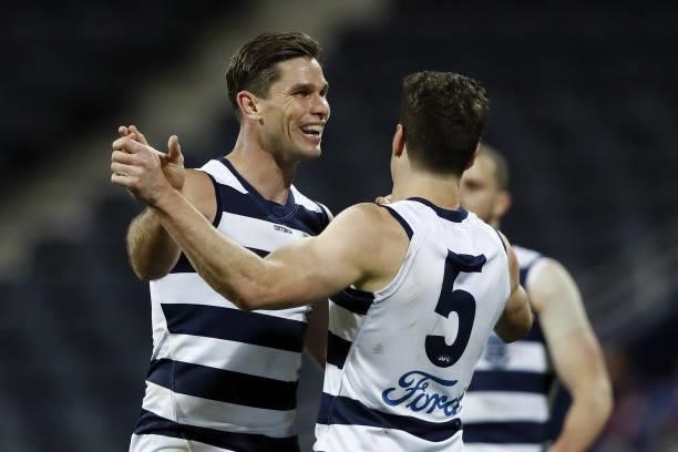 Jeremy Cameron of the Cats celebrates a goal with Tom Hawkins during the 2021 AFL Round 22 match between the Geelong Cats and the St Kilda Saints at...