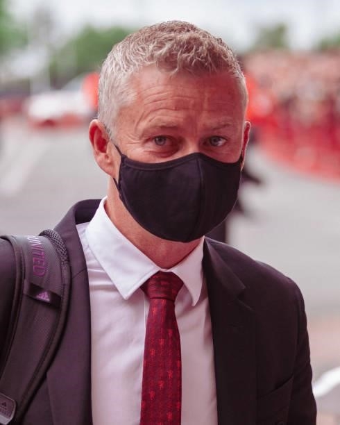 Manchester United Head Coach / Manager Ole Gunnar Solskjaer arrives prior to the Premier League match between Manchester United and Leeds United at...