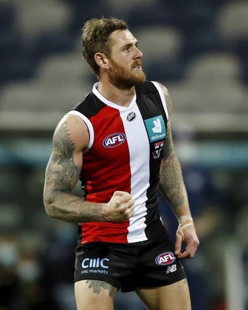 Tim Membrey of the Saints celebrates a goal during the 2021 AFL Round 22 match between the Geelong Cats and the St Kilda Saints at GMHBA Stadium on...