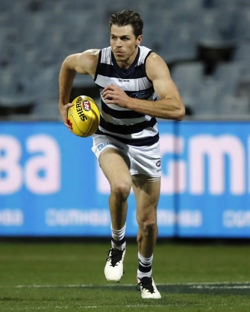 Isaac Smith of the Cats looks on during the 2021 AFL Round 22 match between the Geelong Cats and the St Kilda Saints at GMHBA Stadium on August 14,...