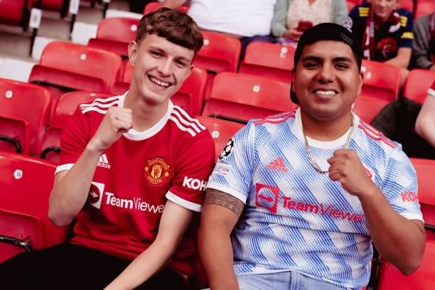 Manchester United fans show their support prior to the Premier League match between Manchester United and Leeds United at Old Trafford on August 14,...
