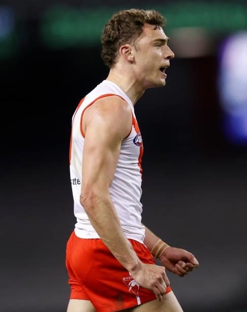 Will Hayward of the Swans celebrates a goal during the 2021 AFL Round 22 match between the North Melbourne Kangaroos and the Sydney Swans at Marvel...